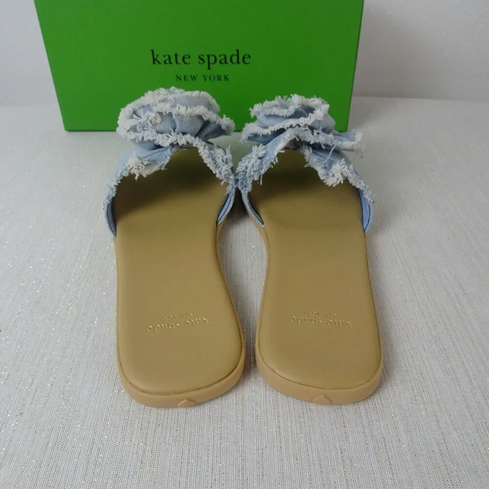 Kate Spade Women's Flourish Denim Flower Flat Sandals Slip Ons Flower New 7.5